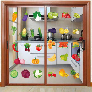 Creative Cartoon Fruit Vegetable Tile Stickers Kitchen Decor Sliding Door Glass Decals Refrigerator Static Cling No Glue