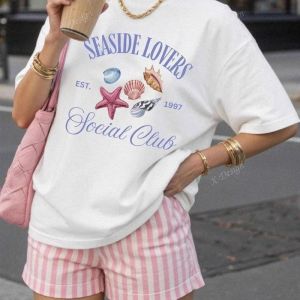 Retro Vintage Fun Starfish Shell Print Tshirt INS Style Loose Fit Short Sleeved Graphic Top Cotton Women T-shirt Female Clothing