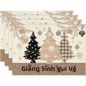 Bộ 4 Miếng Lót Đĩa Hình Quả Thông Giáng Sinh VIKAMA Bộ Trang Trí Bàn Ăn Viền Vàng Dễ Dàng Chăm Sóc Polyester Bền Màu Cho Các Buổi Họp Mặt Gia Đình