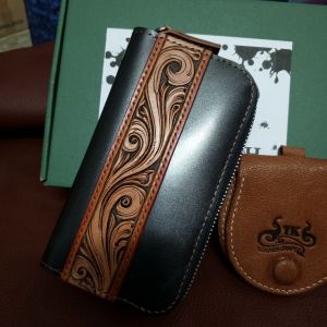 กระเป๋าสตางค์หนังแท้ ซิปรอบ (ดำ+ส้ม+เขียว)ไซด์กลาง (ฟรีกระเป๋าหนังใส่เหรียญ1ใบ)