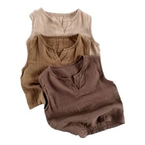 1-7Y Summer Baby Boys Girls Sleeveless T Shirts Korean&Japan Fashion Toddler Kids Cotton Linen Tank Tops Casual Children Clothes