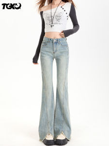 TGXQ High Waist Bell Bottom Jeans Womens New 2025 American Style Slimming Vintage Blue Frayed Edge Bell Bottom Pants