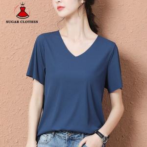 SUGAR New Ice Silk Short Sleeve T-shirt Spring/Summer Solid Color Womens Traceless Thin V-Neck T-shirt White Loose Top