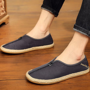 Spring Autumn Mens Retro Linen Breathable Comfortable Beijing Cloth Shoes Casual Sneakers Flat Heel round Toe Plain Color