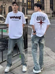 เสื้อยืดแขนสั้นผ้าฝ้ายแท้สไตล์อเมริกันสำหรับผู้ชาย ทรงหลวมสบาย ๆ สไตล์ฤดูร้อน 2025 เสื้อผ้าลำลองสุดเทรนด์