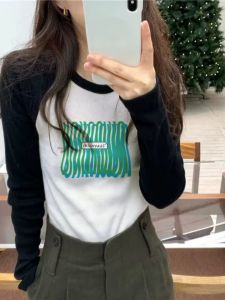 Áo Thun Cotton Dài Tay Ngắn Dáng Ôm Cho Nữ Mùa Xuân Thu in Họa Tiết Cổ Tròn Phong Cách Hàn Quốc Thường Ngày