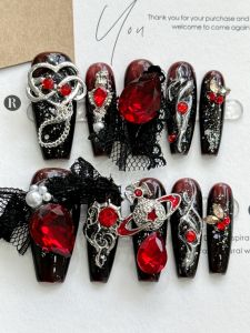 Handmade Long Nail Tips Red Ruby Planet Design Gradient Ice Transparent False Nails Pearl Lace Beauty Salon Professional Use