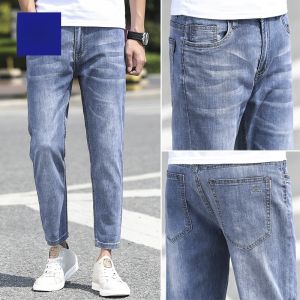 ROMON | Lormen Mens Ice Silk Jeans Summer Thin Fashion Straight Loose Elastic Light Casual Nine Split Long Pants Cotton Polyester Blend