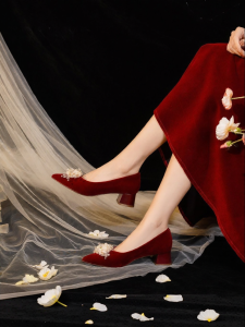Josiny | Peek Toe Red Bridal Shoes for Spring Summer Coarse Heel