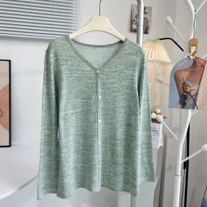 เสื้อคาร์ดิแกนถักคอวีบางๆ สำหรับผู้หญิงในฤดูใบไม้ผลิและฤดูร้อน เสื้อคลุมกันแดดแบบหลวมๆ แขนยาว ผ้าโพลีเอสเตอร์ ปกติ