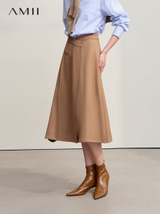Amii Autumn New Elegant Pure Color Side Buttoned A-Line Mini Skirt for Women Commuter Style Midi Skirt Polyester Fiber