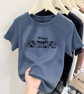 เสื้อยืดคอกลมแขนสั้นผู้หญิงผ้าฝ้ายแท้ทรงสลิมฟิตสำหรับใส่ในช่วงฤดูร้อน แฟชั่นลำลอง