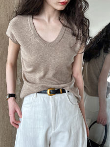 Mmao Summer Thin Pure Color Knitted Wool Loose T-Shirt Womens Short Sleeve U-Neck Top Korean Style Casual Fashion