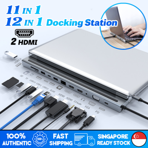 🇸🇬[Ready Stock] 12-in-1 / 11-in-1 USB C Hub Adapter Type-C to 2HDMI VGA RJ45 Ethernet PD Cahrging Audio 3.5mm Jack 4K for Macbook Air Pro Laptop Desktop Docking Station Holder Stand Multi-Port USB C Hub