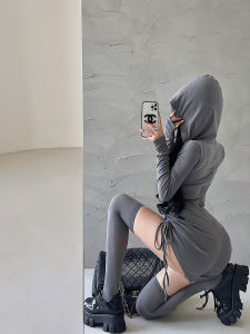 Young เด็กผู้หญิง วันสไตล์ยุโรป เซ็กซี่ เด็กผู้หญิง มีฮู้ด กระดุมเดี่ยว พรางหุ่น แขนยาว เชือกรูด พลีท ชิ้นเดียว กางเกงขาสั้น