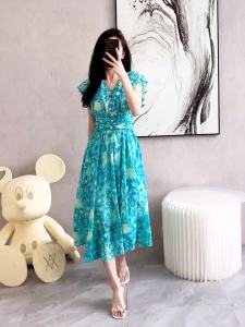 Impression Fashion Women Elegant Print V-neck Short Sleeve Tunic High Waist A-line Plus Size Midi Dress