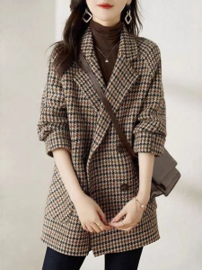 Stylish and Elegant Suit Collar Houndstooth Pattern Womens Coat