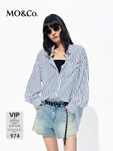 MO&Co. | Navy and White Striped Loose Drop Shoulder Shirt
