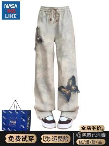 NASA American High Street Butterfly Embroider Wide-Leg Casual Pants Female Spring & Fall High Waist Loose and Slimming Straight-leg Mop Pants