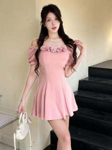 French Elegant Floral Waist-Cinching Dress Women Summer Sweet Small Size Slimming Beautiful Skirt High Waist Chiffon Polyester Cotton Short A-Line Princess Sleeve