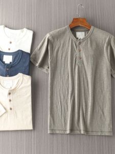American Henry Collar! Bamboo Cotton and Linen Blend! Moisture Absorption Breathable Spring and Summer Simplicity Mens Casual Retro Short Sleeve T-shirt