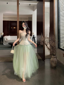 Xương Cá Thêu Phong Cách Trung Quốc Mới Không Dây Áo Ba Lỗ Váy Bộ Nữ Thời Trang Trang Phục Mùa Hè Dài Lưới Váy Trẻ Trung