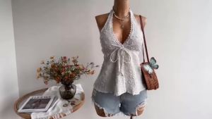 Ladies Summer V-neck Lace Neck Strap Off Shoulder Leisure Vacation Easter Beach Wear Music Festival Top