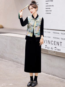 New Chinese Style Two-Piece Velvet Dress Set Womens Autumn High Waist A-Line Skirt Long Sleeve High-Quality Fashionable Vest