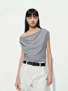 MO&Co. | Stretch Tencel Acetate Crinkled Drapey Asymmetric Shoulder T-Shirt