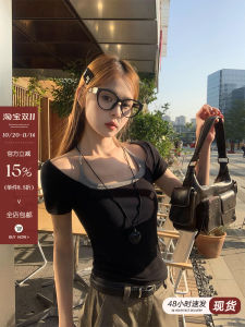 Black Fake Two-Piece Neck Hanging Short Sleeve T-Shirt Women Summer Outdoor Sweet Cool Design Short Style Top Commute Korean Style Slim Fit Creative Pattern