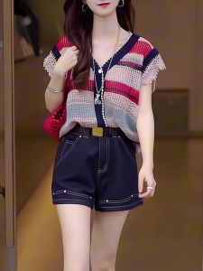 Shalldoer | Summer Outfit Womens Korean Fashion Stripe Color Block Short Sleeve Top Denim Shorts Two Piece Set V Neck Buttoning Other 100%