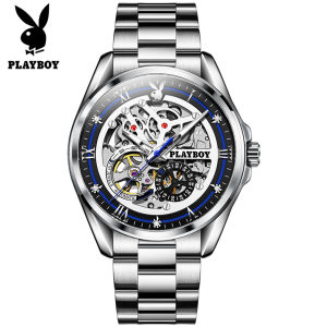 PLAYBOY elegant luxury automatic machine steel strap watch for men brand original waterproof multifunctional hollow special design dial