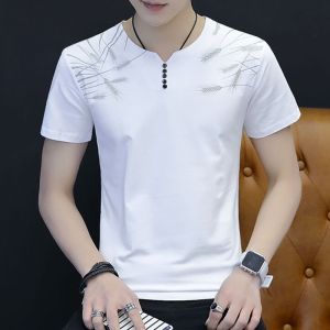 Mens Short Sleeve T-Shirt Pure Cotton White Summer Fashionable Tubular Collar Half Sleeve Trendy Youth Fit Printed Chinese Culture