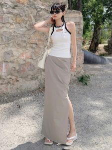 High Waist Asymmetrical Long Skirt LGKG Korean Style Casual Pleated Slimming Half-length Workwear Casualins Polyester Blend