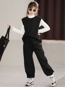 High-Waist Cotton Polyester Girls Casual Pants Spring Autumn Korean-Style Fleece Cargo Pants with Rubber Belt for Ages 6-14