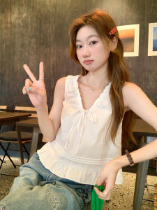 Blue V-neck Tank Top Shirt Womens Loose Sleeveless Shirt Sweet Patchwork Design Sense Top Comfortable Breathable Cotton