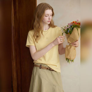 Slimming Simple Womens T-shirt Yellow Round Neck Short Sleeve