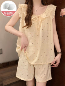 Summer Polka Dot Cloud Cotton Vest Shorts Sleepwear Set Womens Home Clothes with Chest Pad Simple Style Youth Polyester Fiber