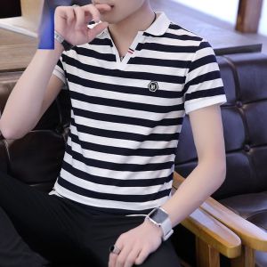 ROMON | เสื้อยืดคอโปโลผู้ชาย RoMont เส้นใยไหมน้ำแข็งบางๆ แขนสั้นฤดูร้อน ทรงเข้ารูป ปกโปโล ลายทาง สวมใส่สบาย แฟชั่นสำหรับผู้ชาย