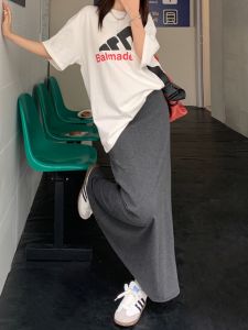 Mid-Length A-Line Fish Tail Skirt for Women Pure Cotton Summer Casual Lazy Style Deep Grey Natural Waist Commute Korean Style