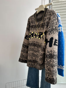 QINGNAER | Retro Letter Embroidery Striped Long Sleeve Loose Oversized Knit Sweater