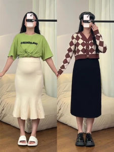 กระโปรงทรงเอเอวสูงสำหรับผู้หญิงไซส์ใหญ่ เดรสยาวปานกลาง ทรงหลวม สไตล์ฤดูใบไม้ร่วงและฤดูหนาว