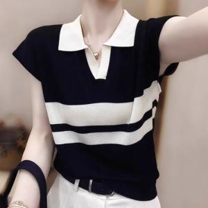 Stripe V-Neck Thin Icesilk Short Sleeve T-Shirts
