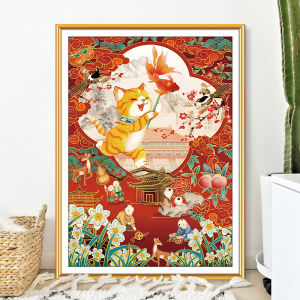 QIANHONGXIU | New Living Room Simple Chinese Style Forbidden City Cat Full Embroidery DIY Cross Stitch