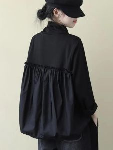 Elegant Black Long Sleeve T-Shirt Womens Loose Casual High Collar Base Layer Top Spring 2025 New Style Commute Vintage