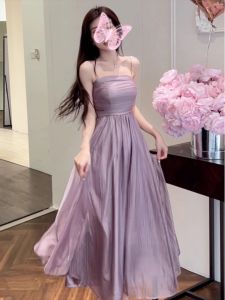 เอวสูงฝรั่งเศสสีม่วงชุดชีฟองสําหรับผู้หญิงฤดูร้อนแขนยาวกระโปรงสลิง Tea Break สไตล์ชุดแขนกุด