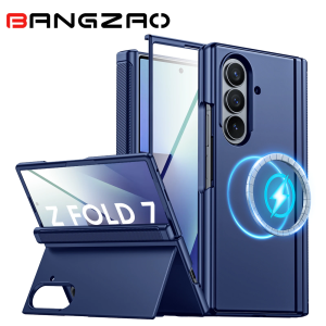 Magnetic Case for Samsung Galaxy Z Fold 7 with Hidden Kickstand Built-in 9H Glass Screen Protector & Hinge Protection-Blue