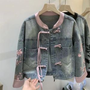 New Chinese Style Retro Denim Jacket Womens Spring Autumn Popular Short Jacket Top Original Design Slim Fit round Neck