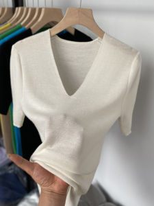 Spring Summer Womens V-Neck Short Sleeve Thin Knitwear Breathable Slimming Mid-Sleeve Base Shirt Fashionable And Stylish