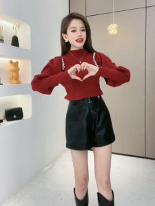 Slim Fitting Lantern Sleeve Sweater Inner Wear Half High Collar